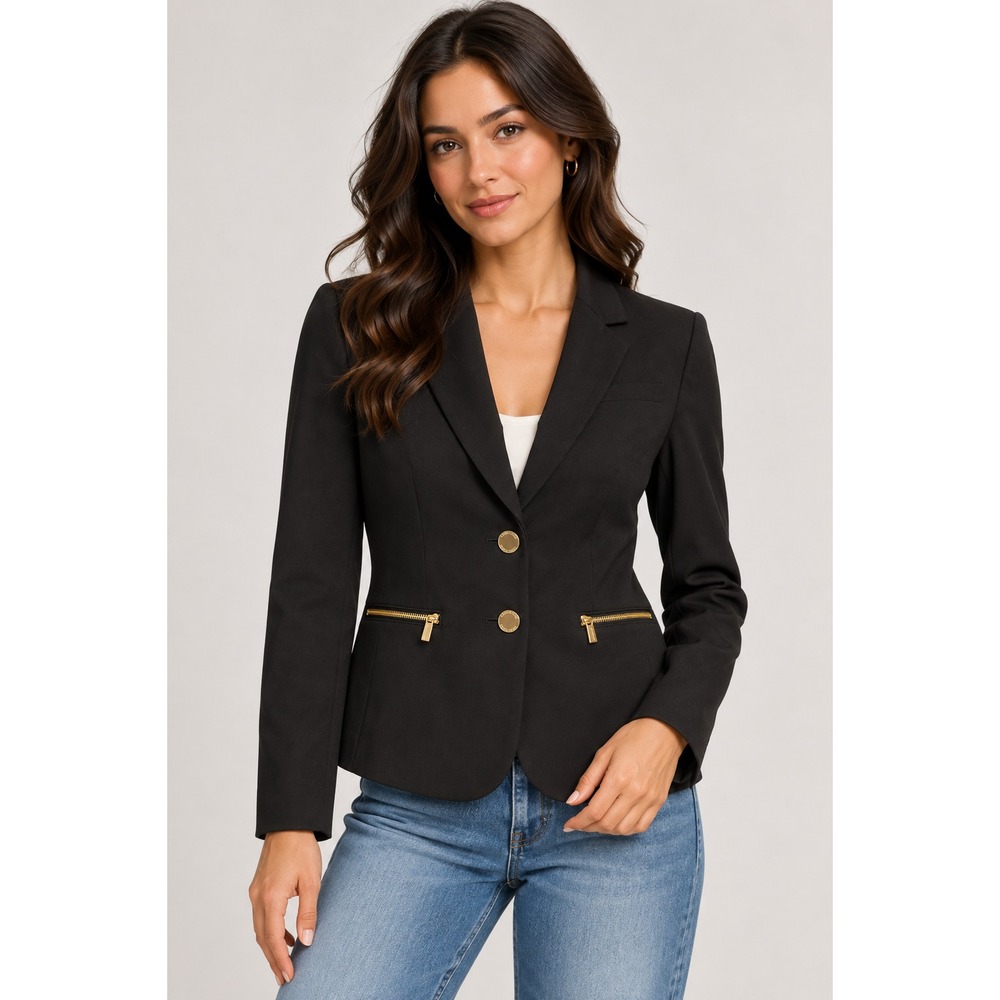Calvin Klein Blazer Women 6 Black Excellent Gold Zipper Detail Two Button Jacket